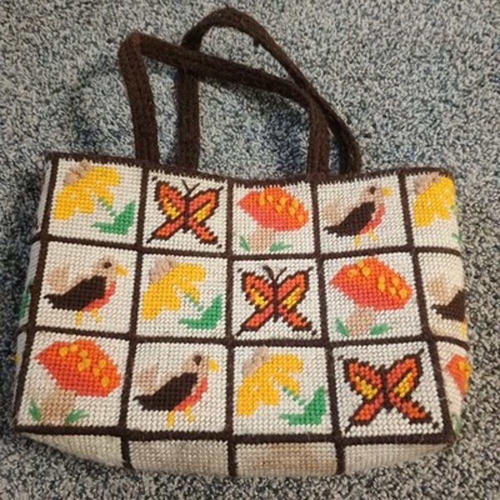 Vintage 60s 70s Needlepoint Bag Mushroom Bird Butterfly Boho Hippie Small Nature